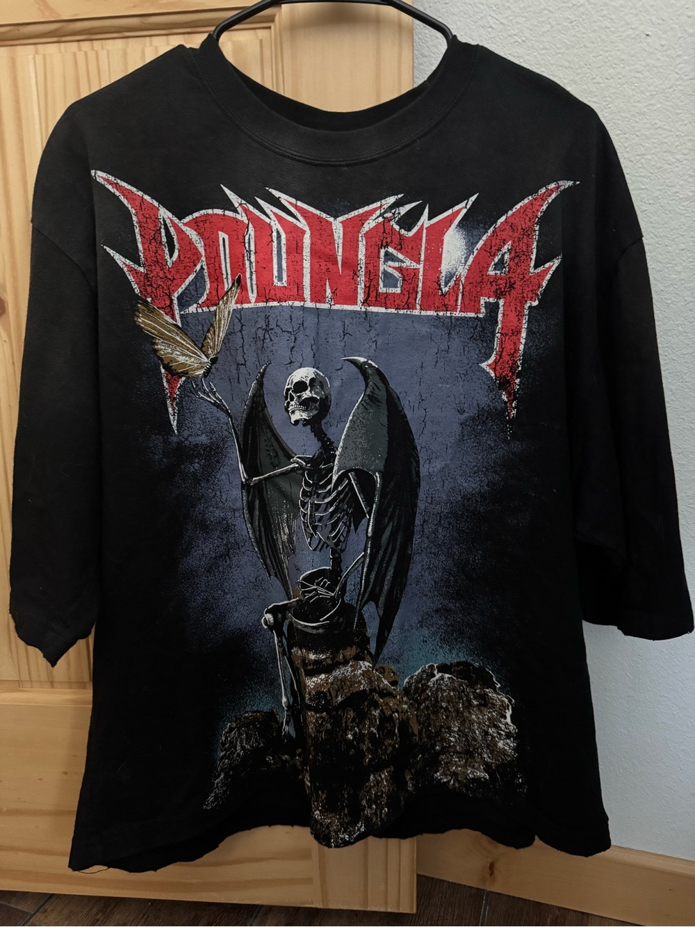 YoungLA Black Short-Sleeve Graphic Tee with Red Logo and Skeletal Angel